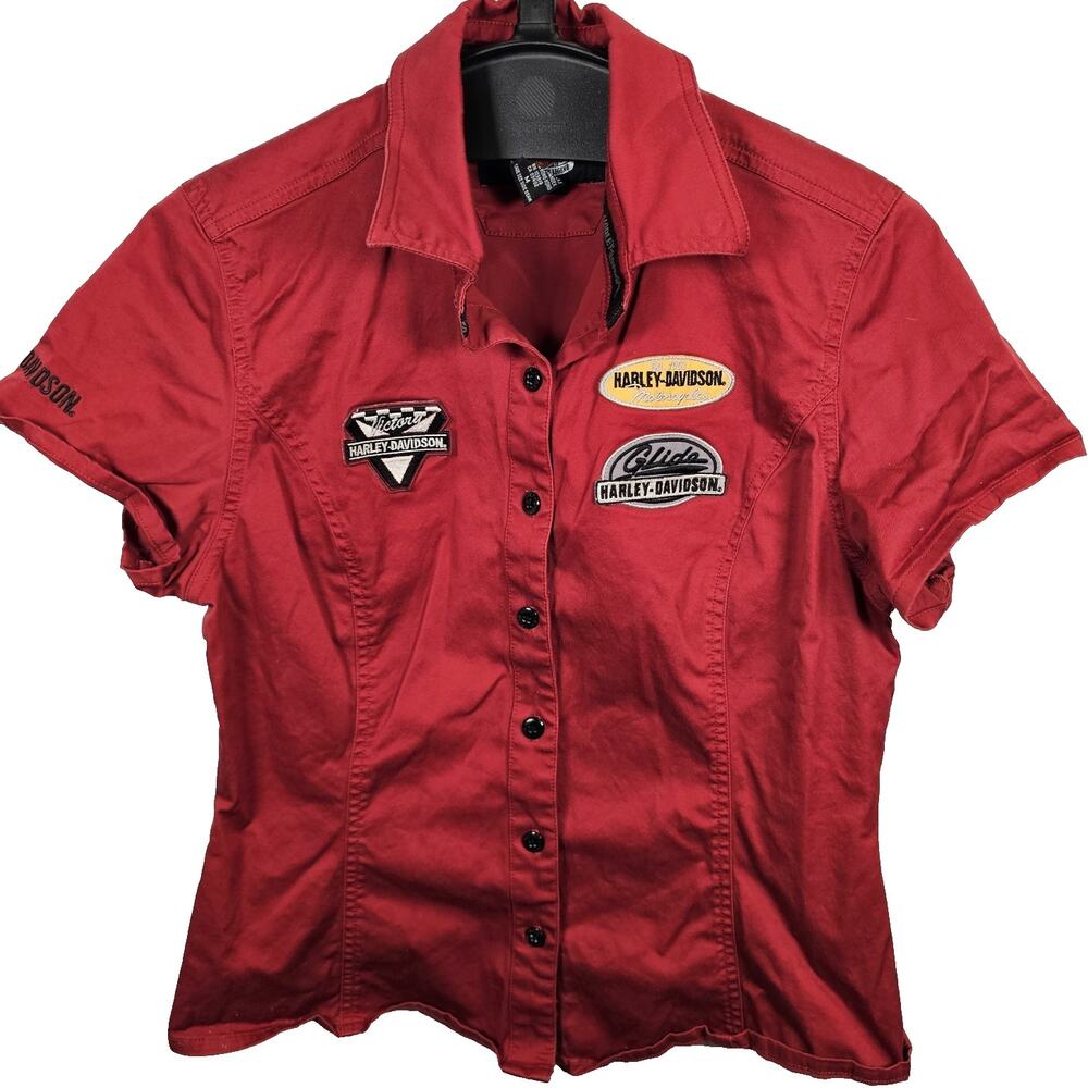Harley Davidson Shirt Womens Medium Red Button Up Patches Motorcycle Mechanic